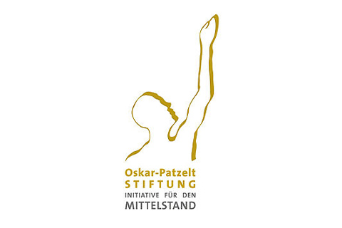 Umriss einer Person, die einen Arm hebt, mit Text: Oskar-Patzelt-Stiftung Initiative für den Mittelstand.