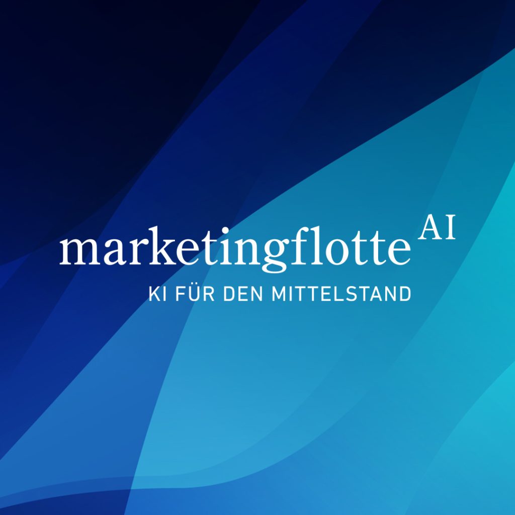 blauer-hintergrund_Logo_1080x1080 Blauer Hintergrund mit Farbverlauf und dem Text marketingflotte AI KI FÜR DEN MITTELSTAND in Weiß.