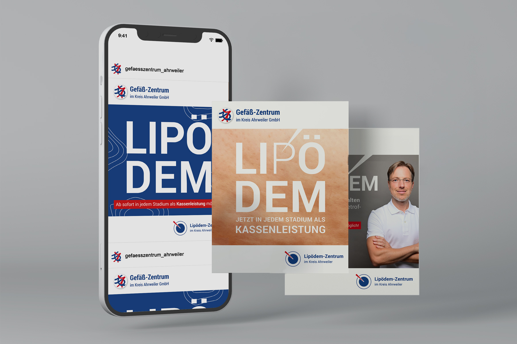 Ein Smartphone und Broschüren zeigen Informationen über die Behandlung von Lipödemen und einen männlichen Arzt.