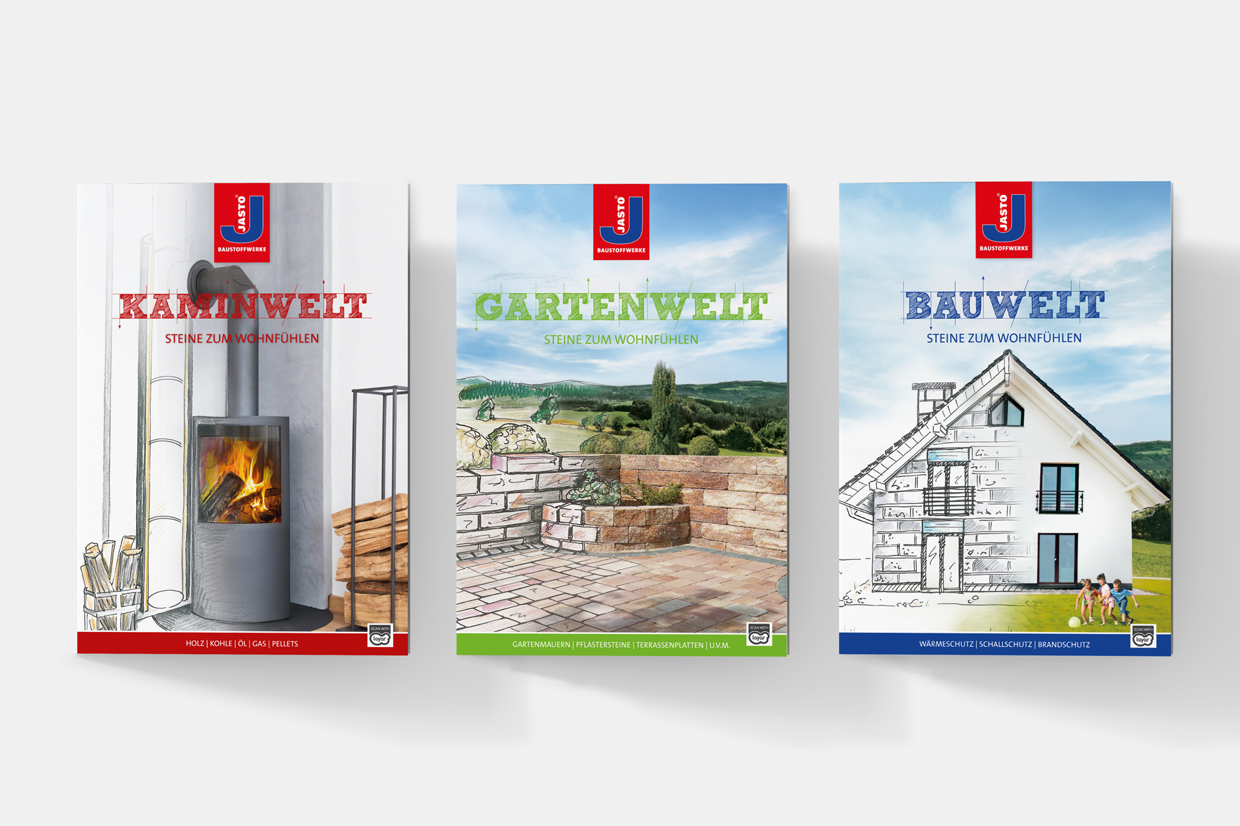 Drei deutsche Broschüren mit Themen wie Kamine, Gartengestaltung und Hausbau.