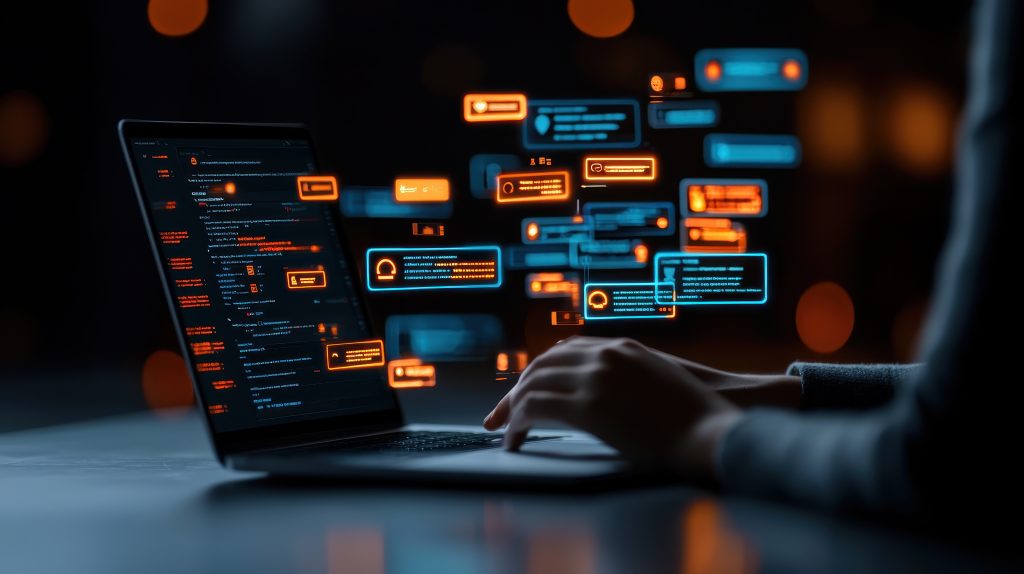 Eine Person tippt auf einem Laptop mit holografischem Code und Chat-Fenstern, die über der Tastatur schweben.