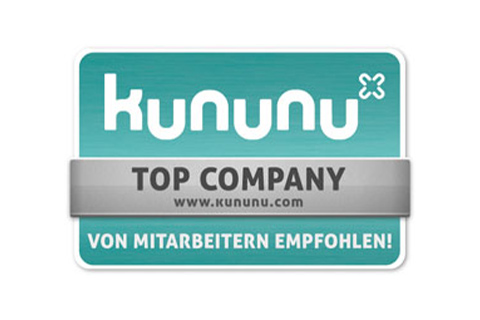 Kununu Top Company Abzeichen mit deutschem Text Von Mitarbeitern empfohlen! auf tealem Hintergrund.