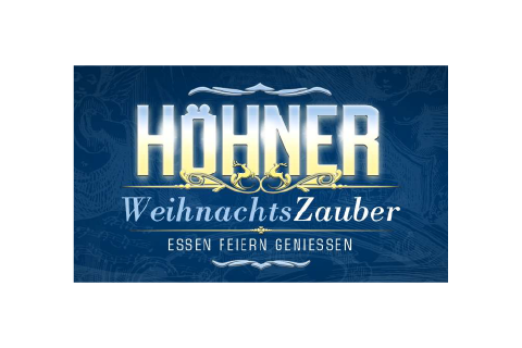 Höhner WeihnachtsZauber Veranstaltungsplakat mit Text Essen Feiern Genießen auf dunkelblauem Hintergrund.