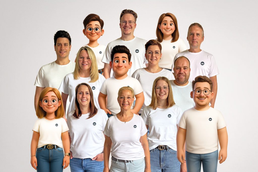Eine Gruppe von sechs Personen und fünf Cartoon-Avataren steht zusammen, alle tragen weiße Hemden.