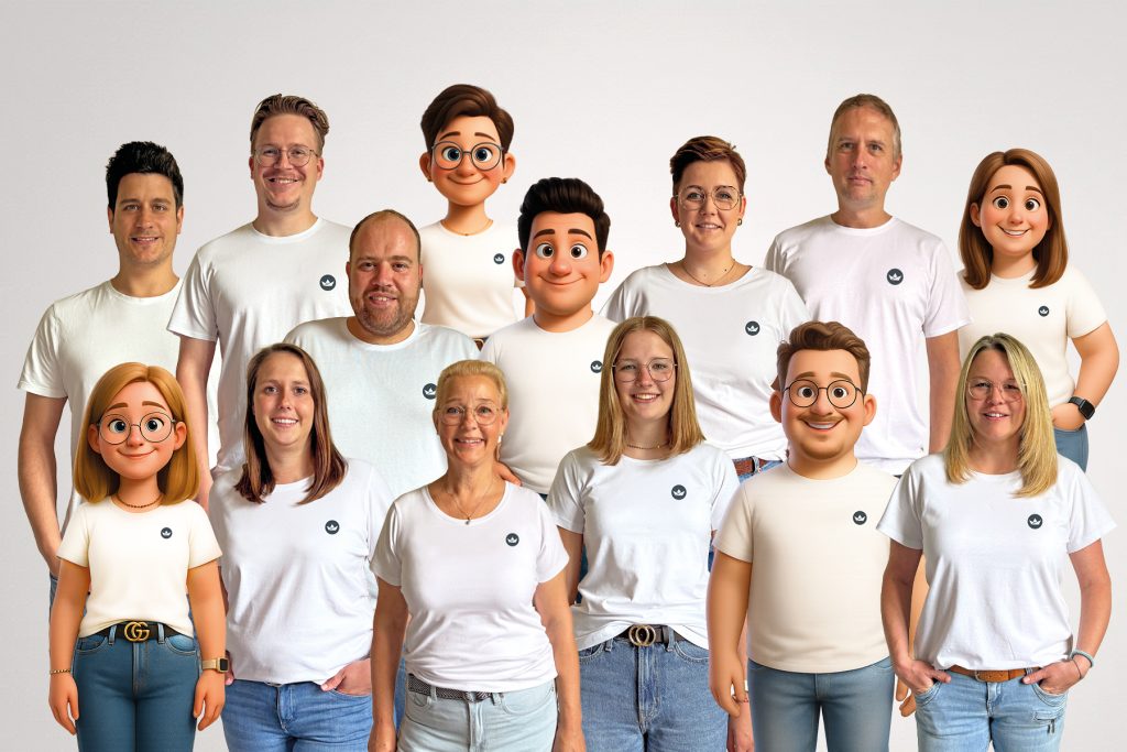 mf_sneak-avatare_website_entwurf-1-2 Dreizehn Personen, teils real, teils animiert, stehen in zwei Reihen in weißen Hemden und Jeans.