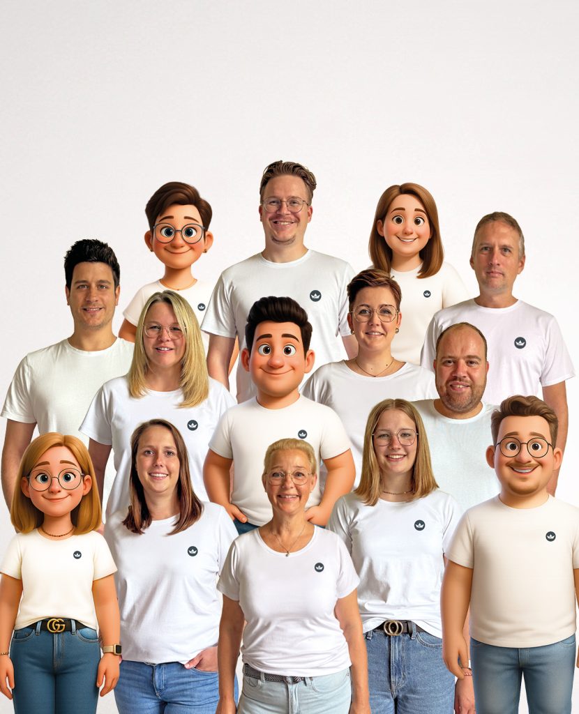 Eine Gruppe von Menschen und Zeichentrickfiguren steht zusammen, alle tragen weiße Hemden und Jeans.