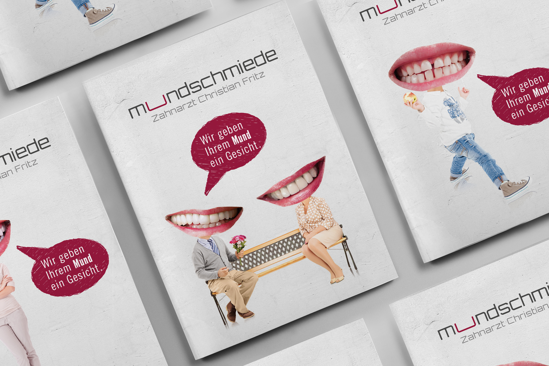 Plakate mit Menschen, Sprechblasen mit Zähnen und dem Text Wir geben Ihrem Mund ein Gesicht.
