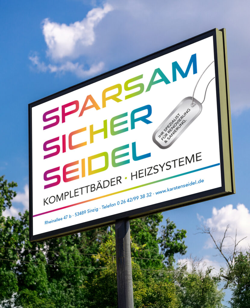 Eine Plakatwand wirbt für Seidels komplette Bad- und Heizungssysteme in deutscher Sprache mit farbigem Text.