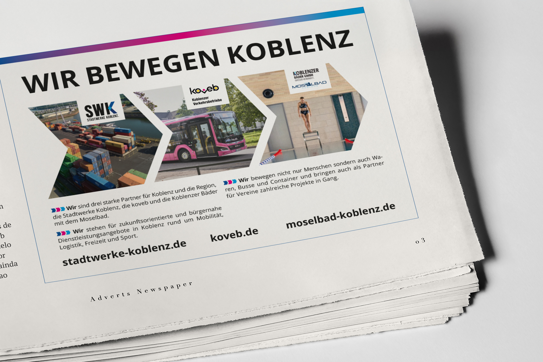 Eine Zeitungsanzeige zeigt drei Bilder von Verkehrs- und Freizeitdienstleistungen in Koblenz, Deutschland.