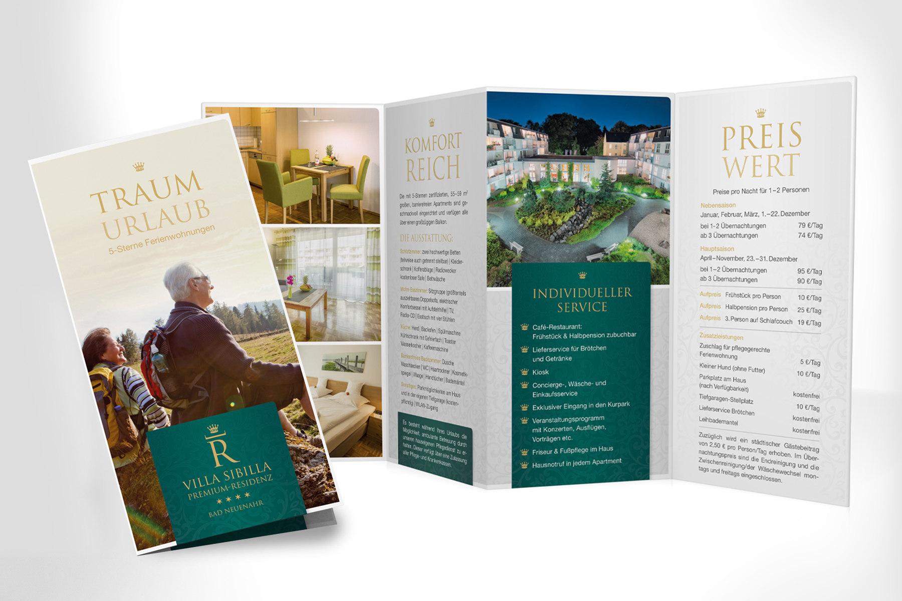 Eine vierseitige Broschüre enthält Informationen und Bilder zur Villa Sibilla, einer erstklassigen Seniorenresidenz.