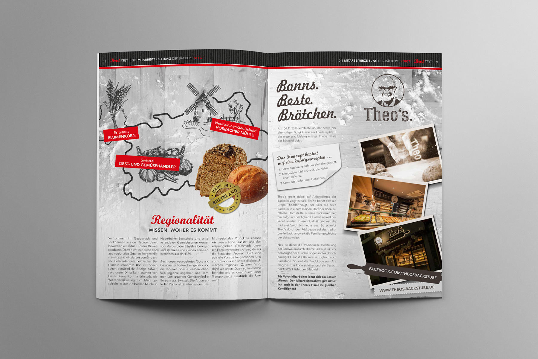 Aufgeschlagenes Magazin mit einer Karte, Brotbildern, Text und Fotos einer Bäckerei auf einer hellen Fläche.