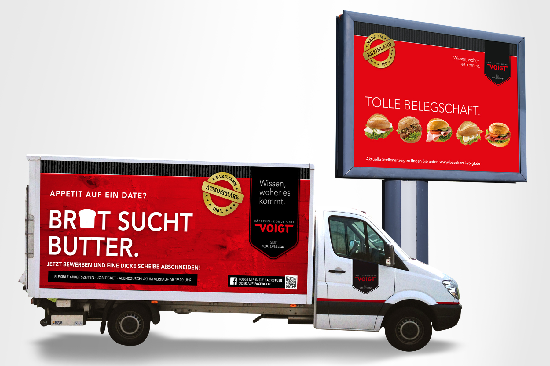 Ein Lieferwagen und eine Plakatwand zeigen rote Voigt-Backwarenwerbung mit deutschem Text und Sandwich-Bildern.