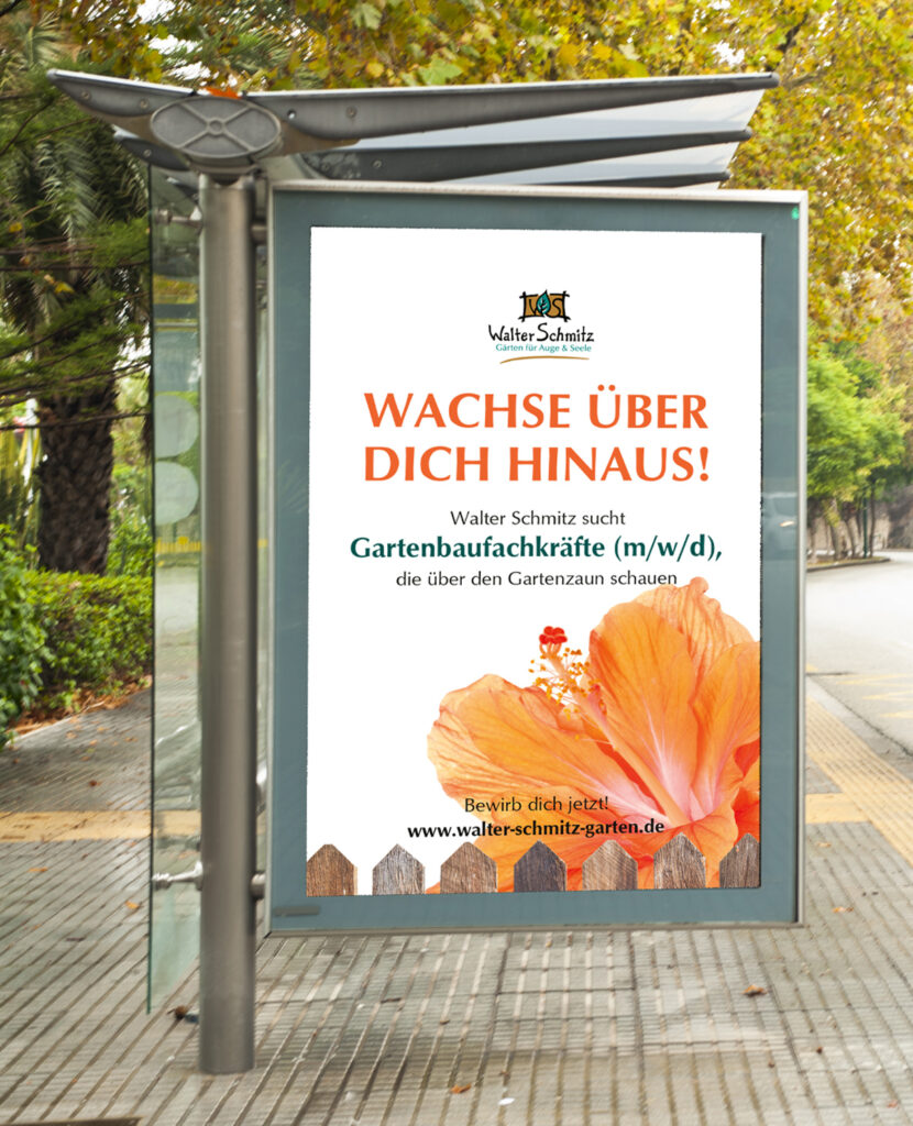 Bushaltestellenwerbung für Gartenarbeitsplätze mit Blume und Text: Wachse über dich hinaus!.