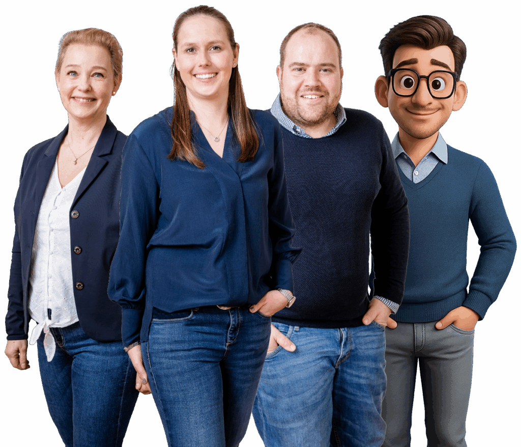 verena-fabi-nina-avatar Drei Personen stehen neben einer illustrierten Figur, alle tragen lässige blaue Kleidung.