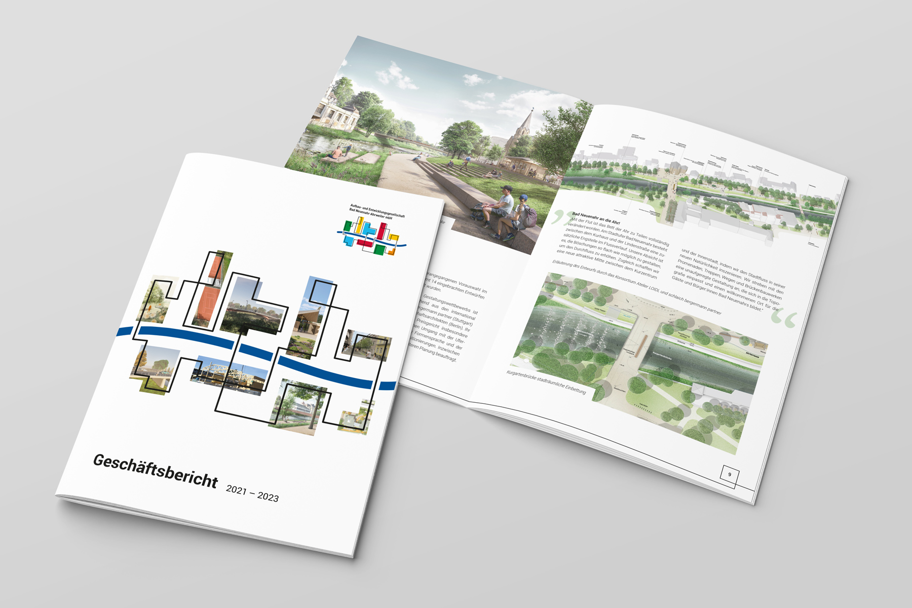 Zwei aufgeschlagene Jahresberichtsbroschüren mit illustrierten Architekturentwürfen und deutschem Text.