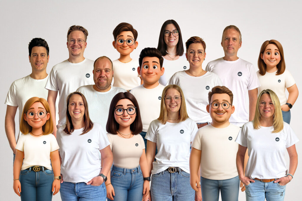 Eine Gruppe von Menschen und 3D-Avataren steht beieinander; alle tragen weiße T-Shirts und blaue Jeans.