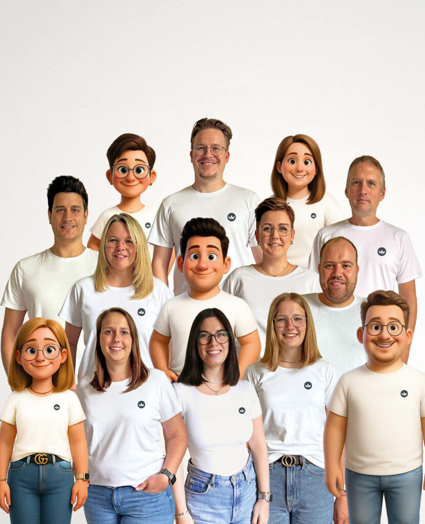 Eine Gruppe aus echten Menschen und Zeichentrickfiguren, die weiße Hemden tragen und gemeinsam posieren.