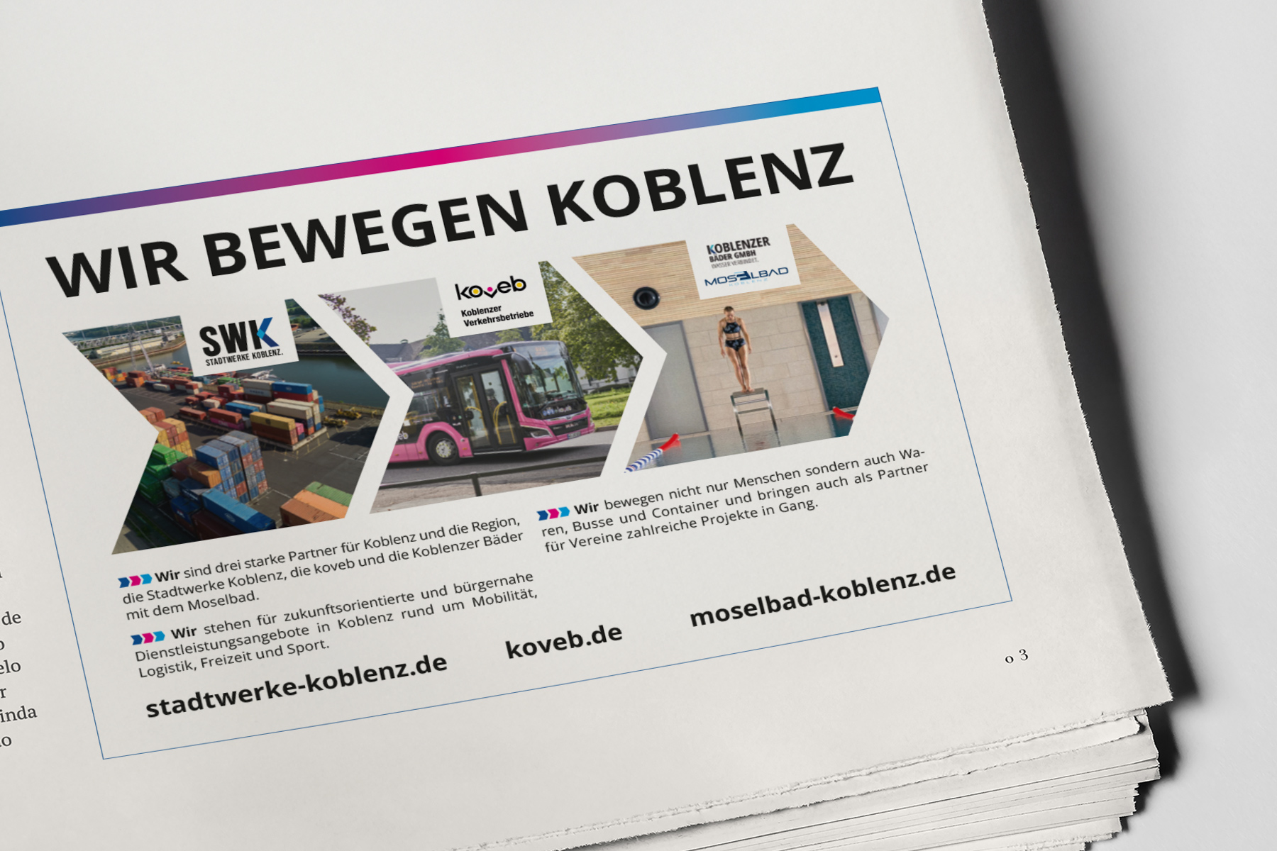 Anzeige für Dienstleistungen in Koblenz mit Fotos einer Fabrik, eines Busses und eines Schwimmbads.
